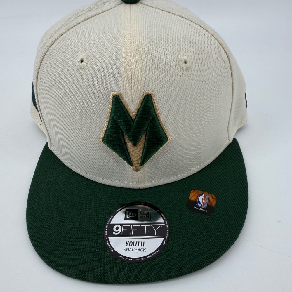 New Era Milwaukee Bucks Youth 9FIFTY Snapback Hat Cream Green NBA 60761344